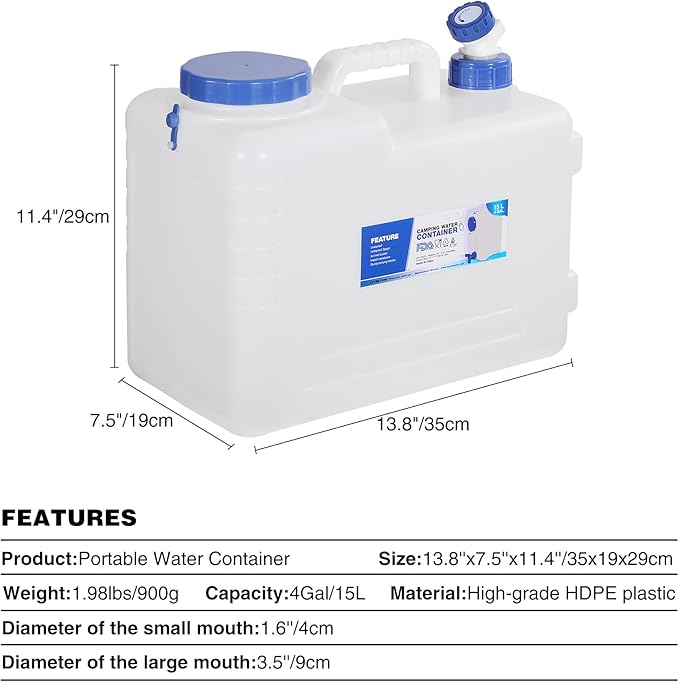 REDCAMP 4 Gallon/15L Portable Water Container with SpigotCamping Water JugCamping Water Container Large Water TankPortable Emergency Water Storage for CampingCarHikingHurricane Supplies