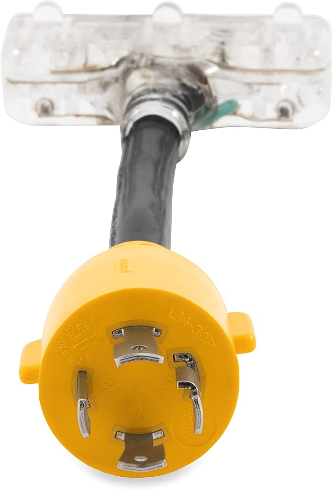 Camco PowerGrip Camper/RV Locking Generator Adapter | Features 10-Gauge STW Cord &amp 30-Amp Locking Male End | Converts a 30-Amp 4-Wire Locking Plug to 3 Household 15-Amp Outlets (55413)