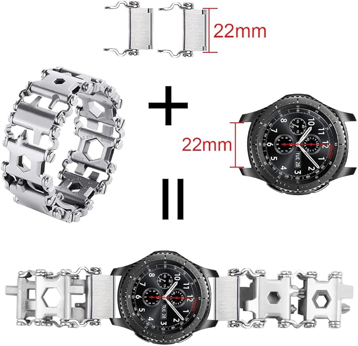 Stainless Tool Bracelet for Men Compatible for LEATHERMAN TREAD and Watch Band 29 in 1 Survival Hiking Camping Travel Friendly Multitools Wearable Bracelet 22mm connector（Silver）