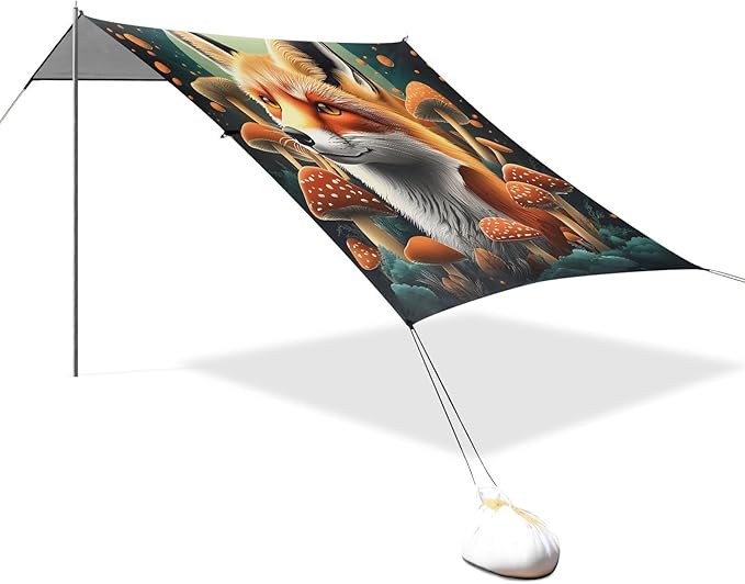 ALAZA Fox with Mushroom Beach Tent Sun Shelter Portable Canopy Sunshade for Outdoor Camping Picnics Backyard Fun 10x9 ft