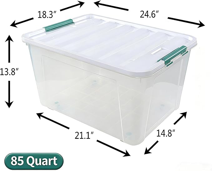 85 Quart Plastic Storage Bin Stackable and Nestable Storage Boxes with Lids and Secure Latching Buckles Large Storage Container for Home Office Garage (Clear 85QT-4Pack)