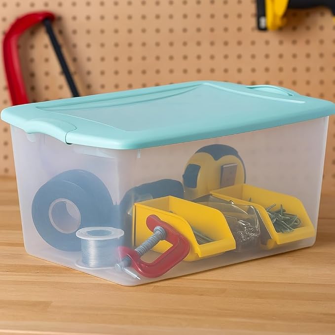 Clear/Mint 6-Count 66 Quart Plastic Storage Containers with Latching Lids Stackable Storage Bins and Totes for Camping Gear Sports Equipment Tools &amp Workshop Supplies – Durable Home Organizatio
