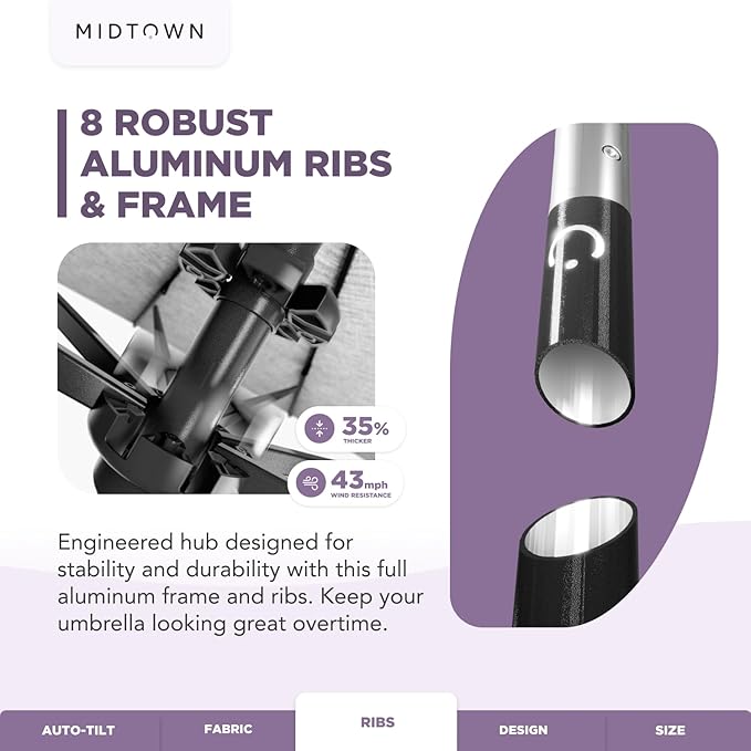 Midtown Umbrellas 10-Year-No-Fade - 8 Ft - UV Proof Purple Polyester Fabric - Umbrella Outdoor Patio Auto-Tilt Aluminum Frame Patio Umbrella for Garden Pool &amp Deck - Black Pole