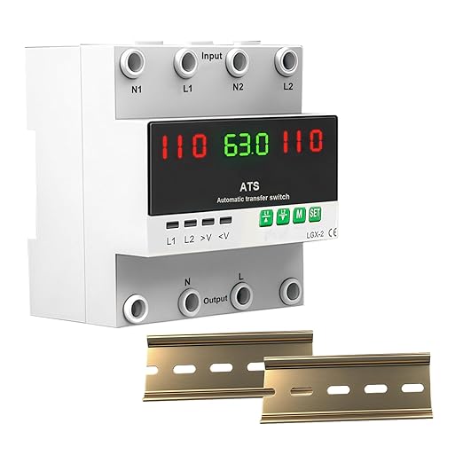 63A 110V Automatic/Manual Transfer Switch Dual Power Selector with LED Display for Home Generator and Backup Power L1 Priority Phase Selector Din Rail Mount 50/60Hz