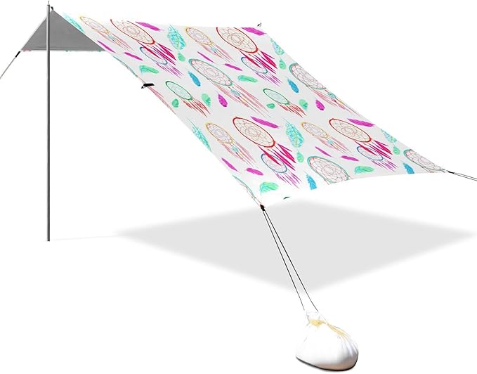 xigua Dreamcatchers Beach Tent Sun Shelter with Carrying Bag - Silver Coated Oxford Fabric Beach Canopy for Beach Camping Fishing - Includes Windproof Ropes Sandbags &amp Stakes