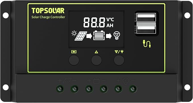 TOPSOLAR 20A 12V/24V PWM Solar Charger Controller w/ LCD Display for AGM Gel LiFePO₄ and Flooded Battery.