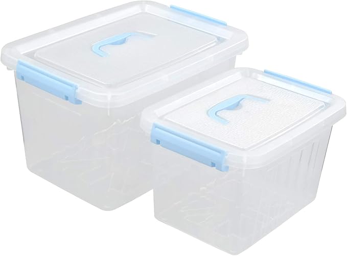 Hespama 2 Pack Lidded Storage Bin Plastic Latching Container Box with Handle 12 Quart &amp 6 Quart