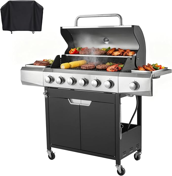 Endark 6-Burner 68500 BTU Propane Gas Grill with Side Burner Stainless Steel &amp Porcelain Grates Wheeled BBQ Grill for Patio Garden Backyard Outdoor Cooking