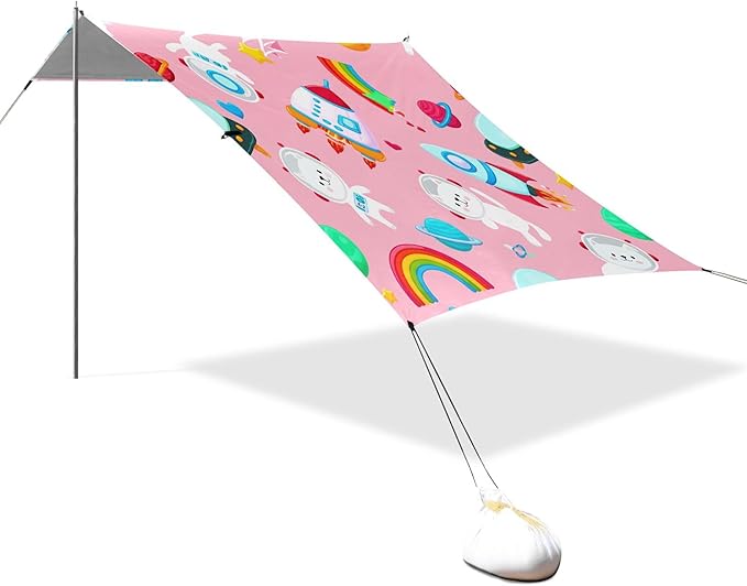 Astronaut Cats Beach Canopy Sun Shelter with Sandbags &amp Sand Shovel &amp Windproof Ropes - Portable 110x126 Beach Shade Beach Tent for Camping Picnics