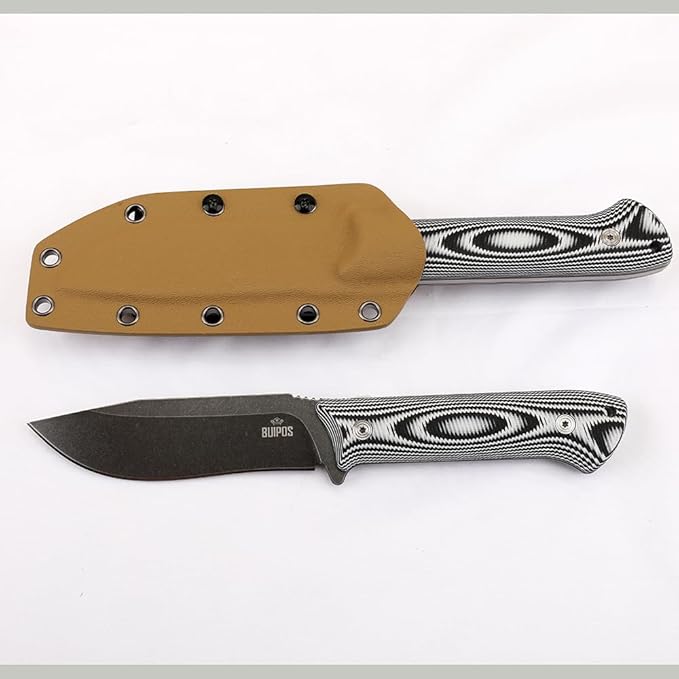 BUIPOS BD06 Fixed Blade Knife DC53 Stone Wash Steel Blade Two-color G10 Handle Full Edge Knife for Outdoor Camping Trekking Hunting Fishing (White Black) (Black handle and black blade)