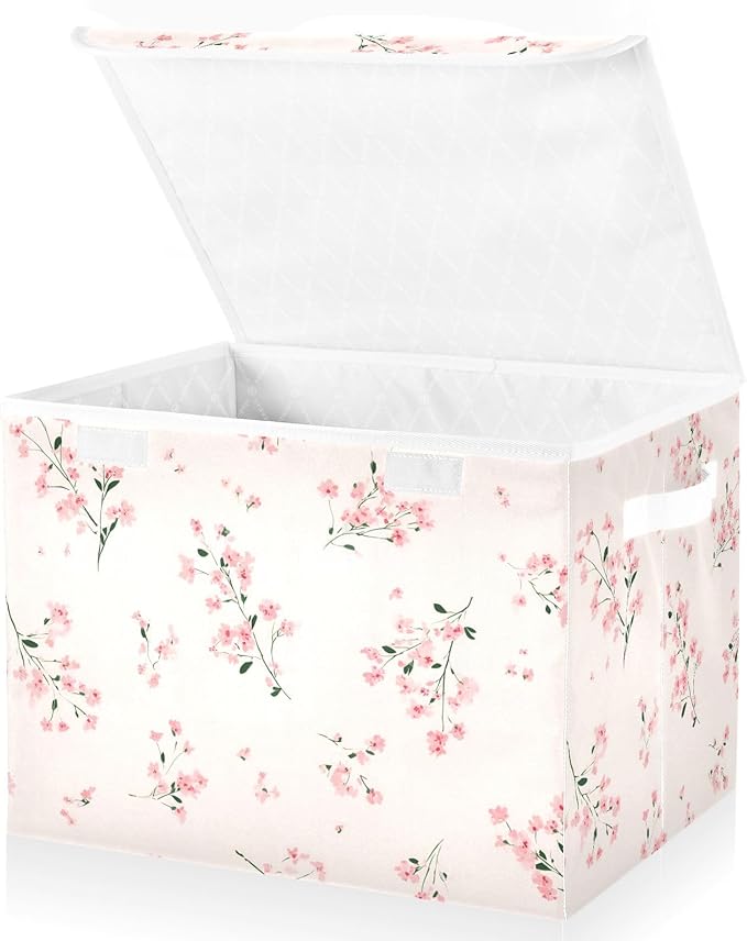 ALAZA Light Pink Small Floral 5 Storage Bins Organizer Box Baskets Lidded Clothes for Shelves Closet Collapsible Stackable Storage Cubes Handles
