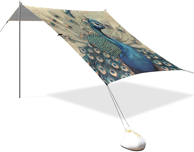 ALAZA Vintage Peacock Beach Tent Sun Shelter Portable Canopy Sunshade for Outdoor Camping Picnics Backyard Fun 10x9 ft