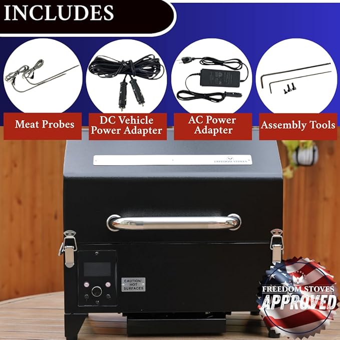 Freedom Portable Pellet Grill &amp Smoker: Digital Display Dual Meat Probes 242 sq in Cooking Area AC/DC Powered Black