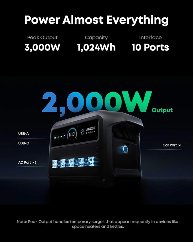 Anker SOLIX C1000 Gen 2 Portable Power Station with 200W Bifacial Solar Panel 2000W (Peak 3000W) Solar Generator Full Charge in 49 Min 1024Wh LiFePO4 Battery