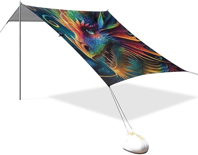 ALAZA Friendly Rainbow Dragon Portrait Beach Tent Sun Shelter UPF50+ Protection Beach Shade Canopy w/ 4 Sandbags for Outdoor Camping Fishing Backyard Fun Picnic 10x9 ft