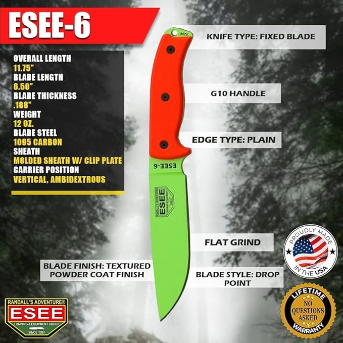 ESEE Knives 6P Fixed Blade Knife w/Molded Polymer Sheath (Venom Green Blade/Black Sheath)