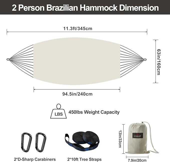 CHULIM Brazilian Double Hammock with Tree StrapsExtra Large 240x160cm2 Persons Hammock for Backyard Patio Outdoor and Indoor450lbs Weight CapacitySoft Woven Cotton Fabric Natrual White