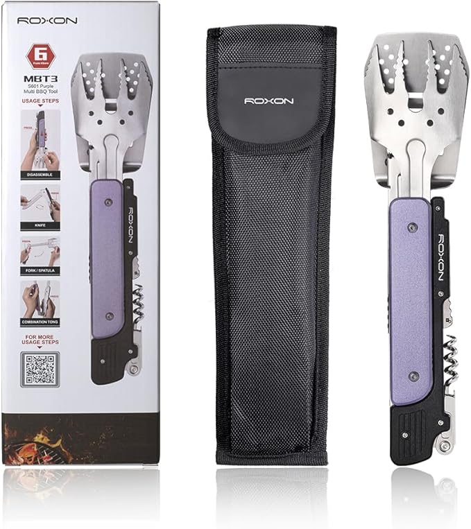 ROXON S601 14 6 in 1 MBT3 Folding Grill Utensils Set Fork Spatula Grilling Knife Tongs Opener for Backyard Barbecue and Camping (Purple)
