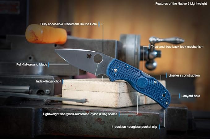 Spyderco Native 5 Knife with 2.95 CPM SPY27 High-Performance Steel Blade and Cobalt-Blue Lightweight FRN Handle - PlainEdge - C41PCBL5