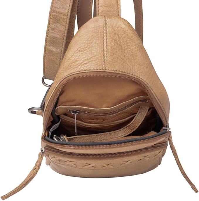 Lady Conceal Taylor Leather Unisex Tactical Gun Holster Sling Backpack - Medium Frame Handgun -Two locking concealment pockets with Locking Zippers and Universal Holster - 7 L x 12 H x 3.5 D