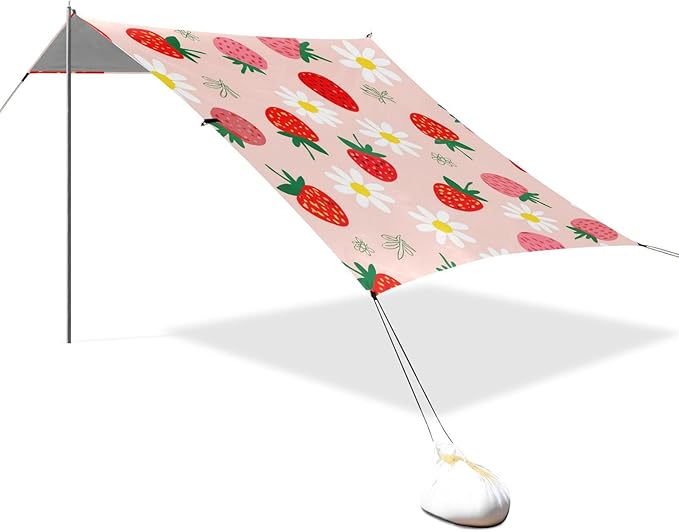 Beach Canopy with Windproof Ropes &amp Sandbags Beach Tent Sun Shade Sun Shelter for Camping Trips Fishing Backyard Fun or Picnics Strawberry