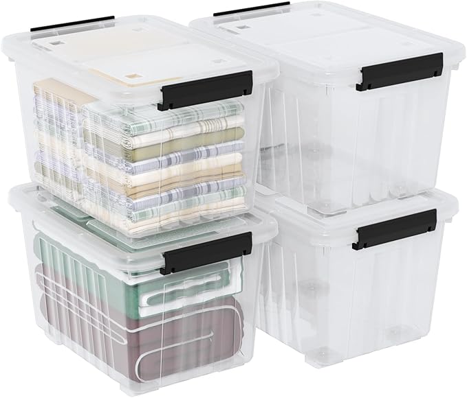50 Quart Clear Storage Bin with Wheels 4-Pack Large Plastic Latching Storage Box