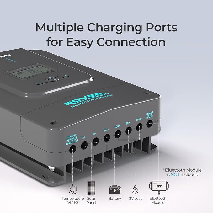 Renogy Charge Controller-Rover 60A MPPT 12V/24V/36V/48V Auto-Detect LCD Display | 99.9% Efficiency for Gel/Flooded/Lithium Batteries | Dual-Peak Tracking &amp Modbus Support (60A 12V/24V/36V/48V)