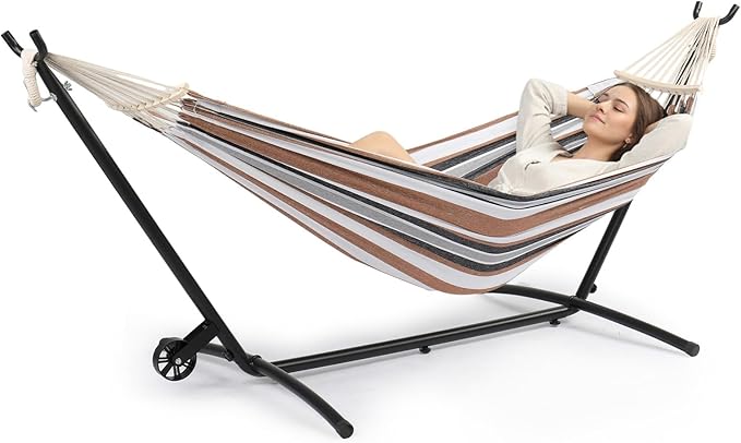 ONCLOUD Outside Hammock with Stand Portable Hammock Set with Wheel for Camping Backyard Heavy Duty Hammock with Carry Bag&amp2 Wooden Combs 440LBS Coffee Brown