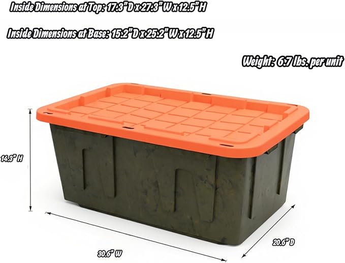 Heavy-Duty Storage Tote 27 Gallon Black and Orange 30.6 W x 20.6 D x 14.3 H (4 PACK)