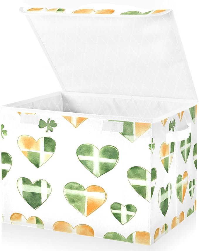 St. Patrick's Heart Fabric Storage Bins with Lids and HandleFoldable Storage Bins with LidsCloset Organizers for Clothes Storage Room Organization Office Storage Chest Organizer