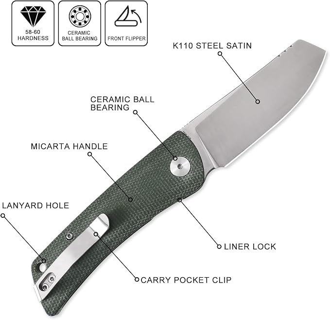 Petrified fish PFE05 Flavorist3.15 K110 Satin Blade 94g Micarta Handle Front Flipper Liner lock Folding knife (Green)