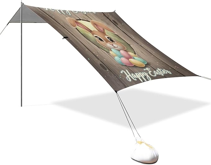Happy Easter Beach Canopy Sun Shelter with Sandbags &amp Sand Shovel &amp Windproof Ropes - Portable 110x126 Beach Shade Beach Tent for Camping Picnics