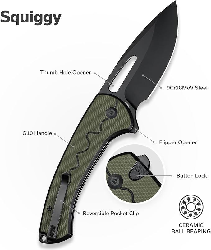 SENCUT Squiggy Pocket Knife Camping Folding Knife with 3.89'' 9Cr18MoV Blade &amp G10 Handle Reversible Clip for EDC Hiking S24082A-2 (Black/Green)
