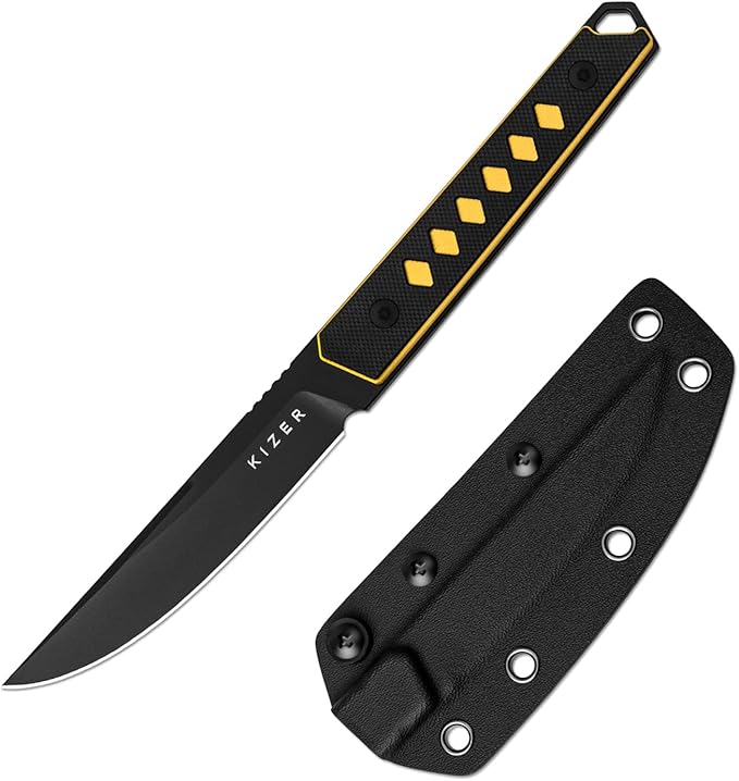 Kizer Kwaiken Fixed Blade Knife 3.94 Nitro-V Blade Hunting EDC Knife with Black &amp Yellow G10 Handle Survival Knife with Adjustable Sheath for Hiking Camping Outdoor Knives 1066A3