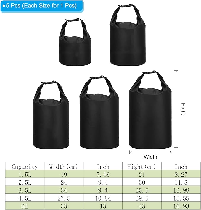 PATIKIL Waterproof Dry Bags 5 Pack Portable Dry Sack Roll Top Bag Lightweight Dry Storage Bag for Gym Kayaking Hiking Swimming Camping Black (1.5L 2.5L 3.5L 4.5L 6L)