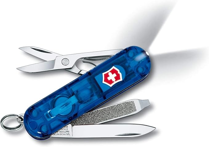 Victorinox Signature Lite Swiss Army Pocket Knife Small Multi Tool 7 Functions LED Pen Blue Transparent