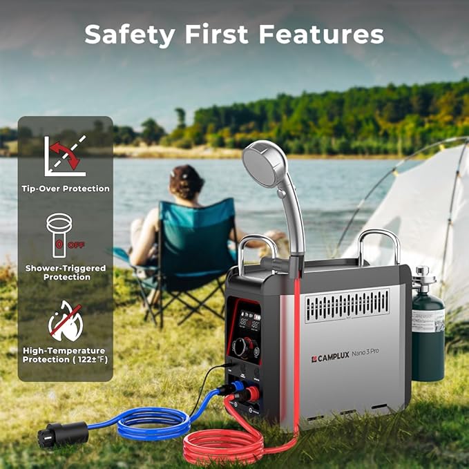 CAMPLUX Nano 3 Pro 1 lb Propane Portable Water Heater Table Top Camp Water Heater &amp Shower Pump w/Built-in Battery Compact Outdoor Camping Hot Showers