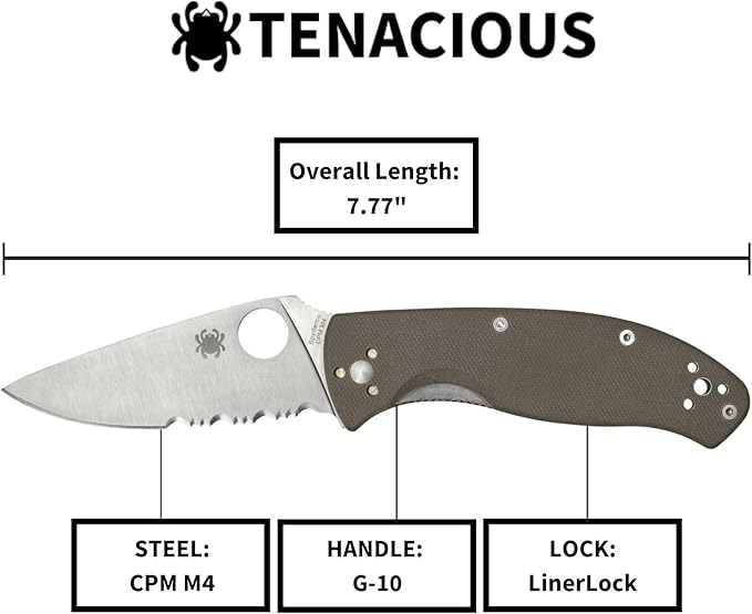 Spyderco Tenacious Folding Pocket Knife with 3.3 CPM M4 Steel Blade and G-10 Handle - EDC Knife for Men and Women Perfect for Hunting Tactical Camping Survival - CombinationEdge - C122GBNM4PS