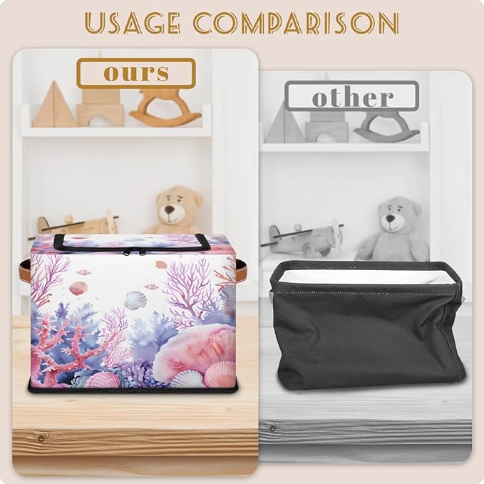 Seashell Coral Storage Box with Lid Ocean Beach Collapsible Storage Bins Baskets Cubes Closet Shelf Clothes Organizer Containers with PU Leather Handles