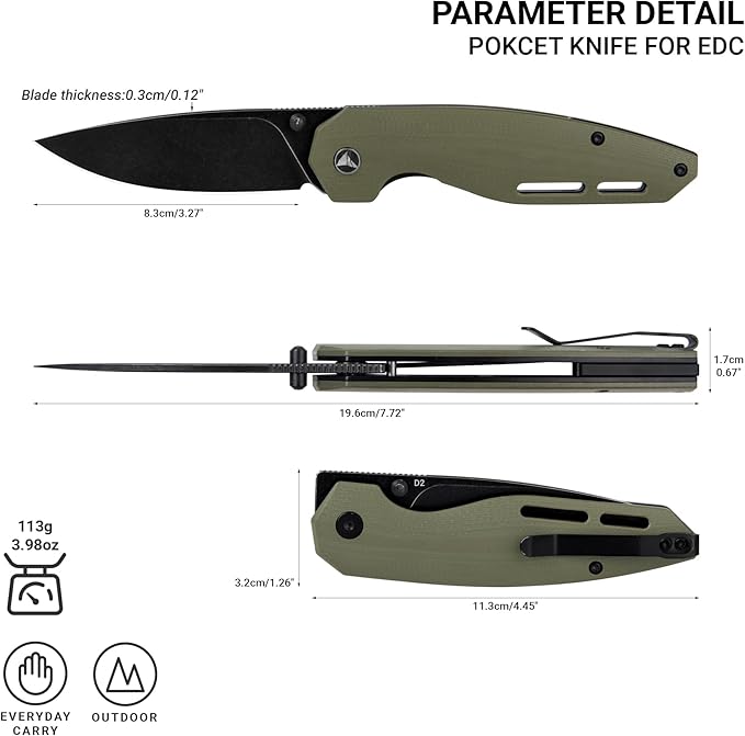 Pocket Knife 3.1 Black Stonewashed D2 Blade EDC Knife with G10 Handle Front Flipper Pocket Knife for Men Women with Thumb Stud - Camping Hiking Survival Preparation