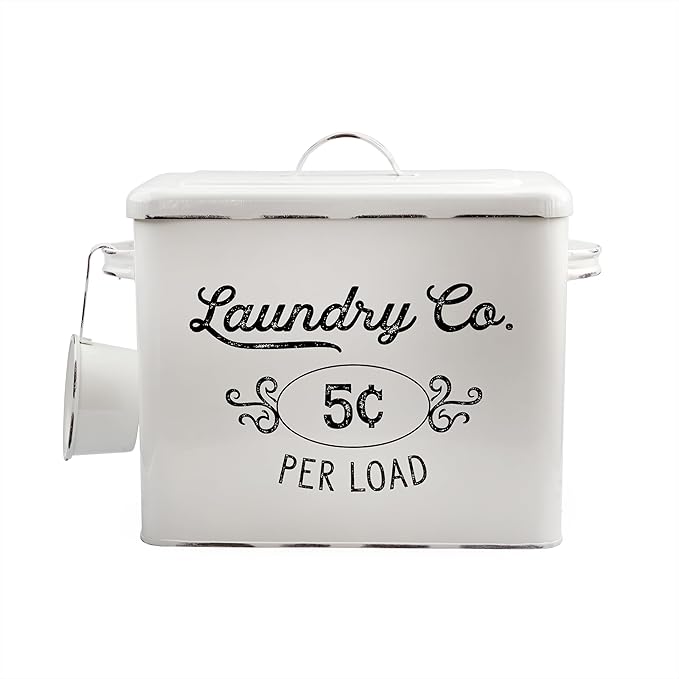AuldHome Design Farmhouse Laundry Powder Container White Enamelware Detergent Bin w/Scoop