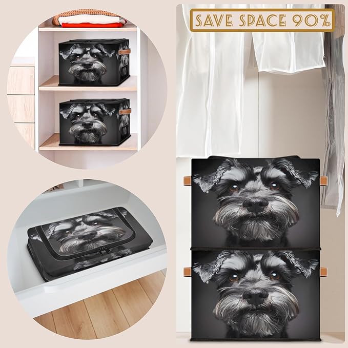 Schnauzer Dog Storage Box with Lid Black Dog Collapsible Storage Bins Baskets Cubes Closet Shelf Clothes Organizer Containers with PU Leather Handles