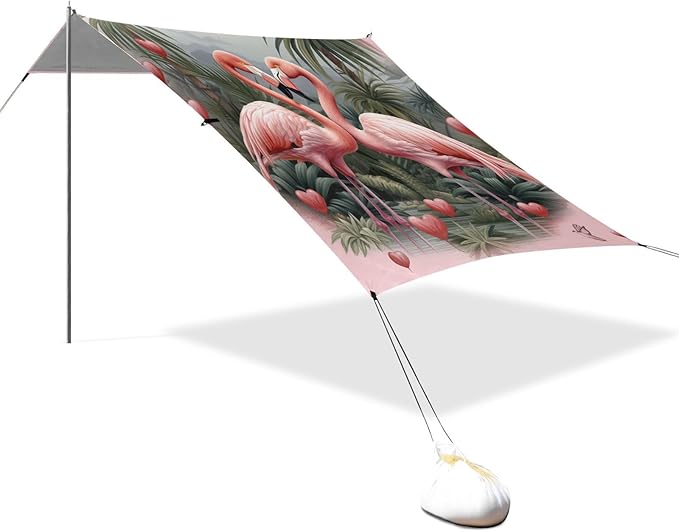 ALAZA Two Flamingo Pink Heart in Palm Jungle Beach Tent Sun Shelter Portable Canopy Sunshade for Outdoor Camping Picnics Backyard Fun 10x9 ft