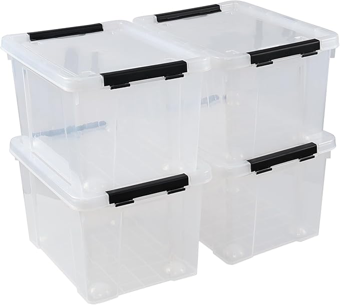 4-Pack 24 Quart Storage Box Clear Plastic Storage Bin with Wheels