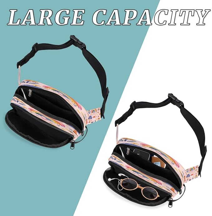 Hand Painted Mushroom Butterfly Flower Waterproof Fanny Pack for Women Men Adjustable Waist Bag with Double Zipper Pockets Lightweight Square Hip Pack for Running Travel Hiking Workout Cycling