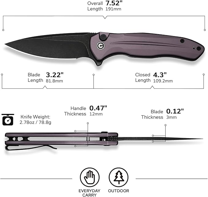 CIVIVI Kitefin EDC Pocket Knife 3.22“ 14C28N Drop Point Blade Folding Knife Aluminum Handle with Reversible Clip for Camping Hiking Hunting C24091-3 Purple
