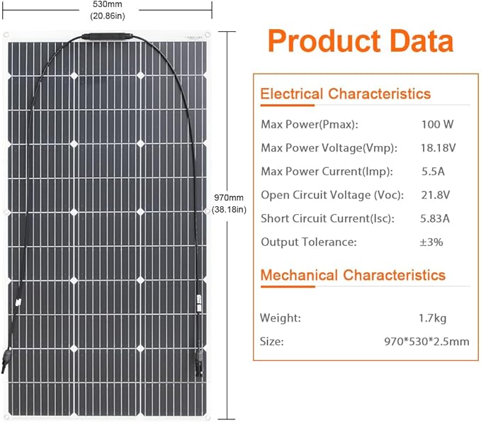 800W Flexible Solar Panel 8 Piece 100 Watt 12 Volt High Effiecncy Monocrystalline Solar Module for Marine RV Trailer Boat Cabin Van Car Battery Charge