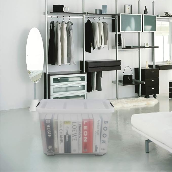 70 L Clear Plastic Large Storage Box with Wheels Set of 4 LargeLatch Plastic Box for Storage