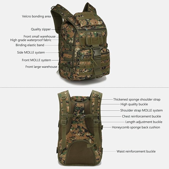 Outdoor Tactical Backpack Military Molle Bag Hiking Daypacks for Camping Trekking Hunting Traveling Motorcycle (Mud Color)
