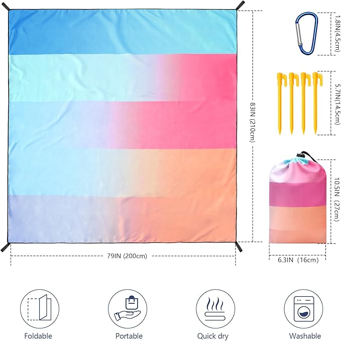 Beach Blanket Waterproof Sandproof Beach Mat 79 X 83/10'x9'for 2-8 Adults Quick Drying Outdoor Picnic Mat Beach Accessories for Travel Camping Hiking
